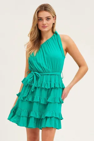 Green Mini Dress One Shoulder Sleeveless Pure Fit