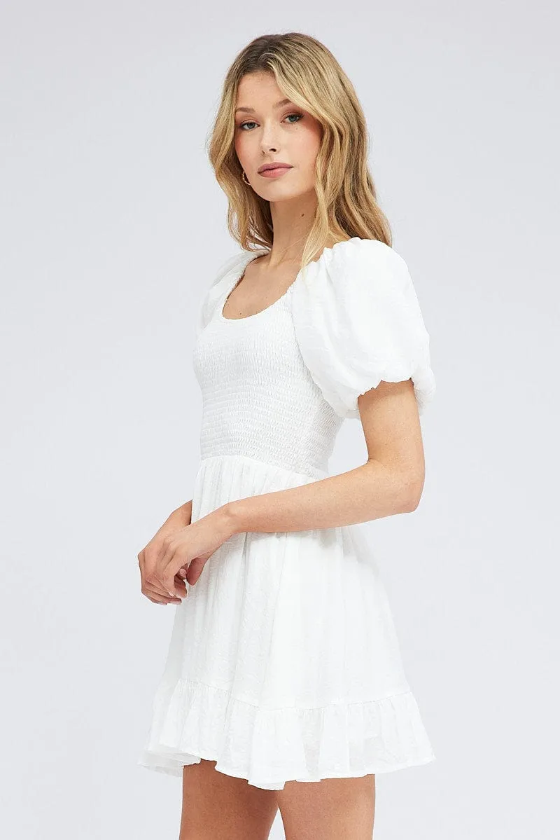 White Fit And Flare Dress Shirred Bust Mini Cozy Vibe