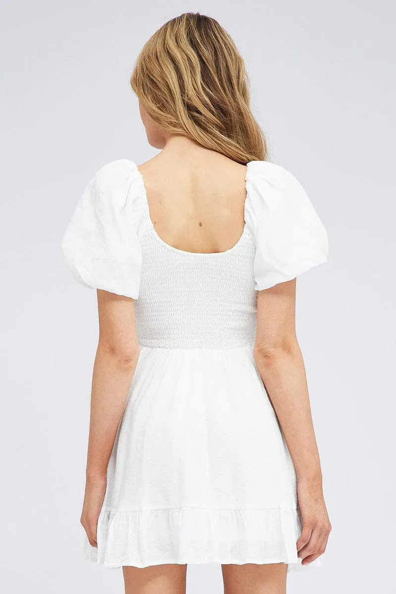White Fit And Flare Dress Shirred Bust Mini Beach Ease