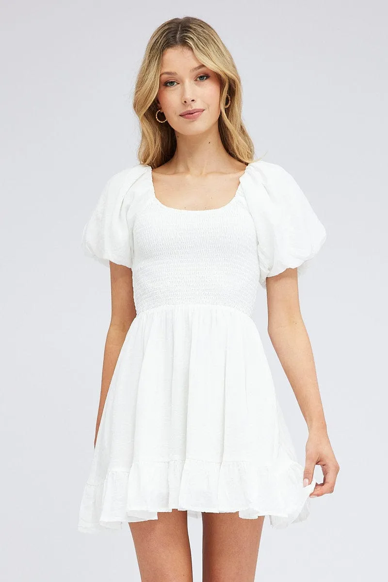 White Fit And Flare Dress Shirred Bust Mini Relaxed Style