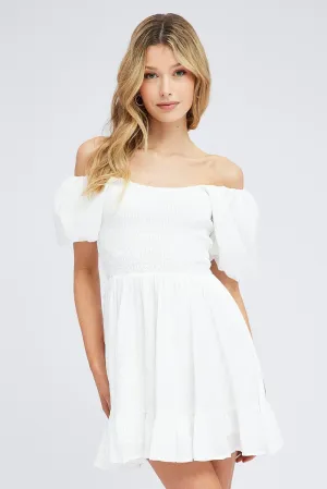 White Fit And Flare Dress Shirred Bust Mini WindResistantWeave