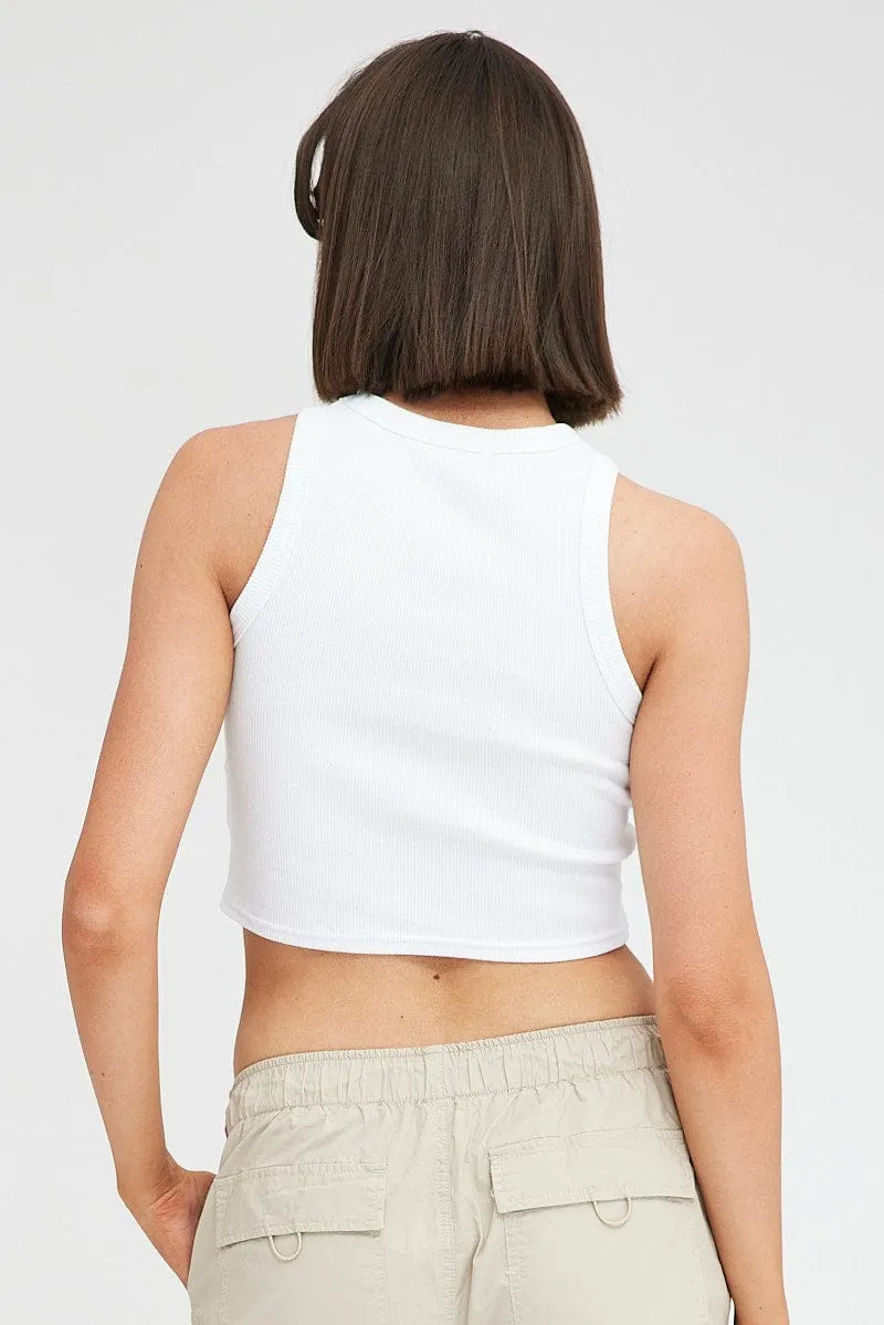 SplitHemDesign CompressionKnit White Tank Top Sleeveless Crew Neck