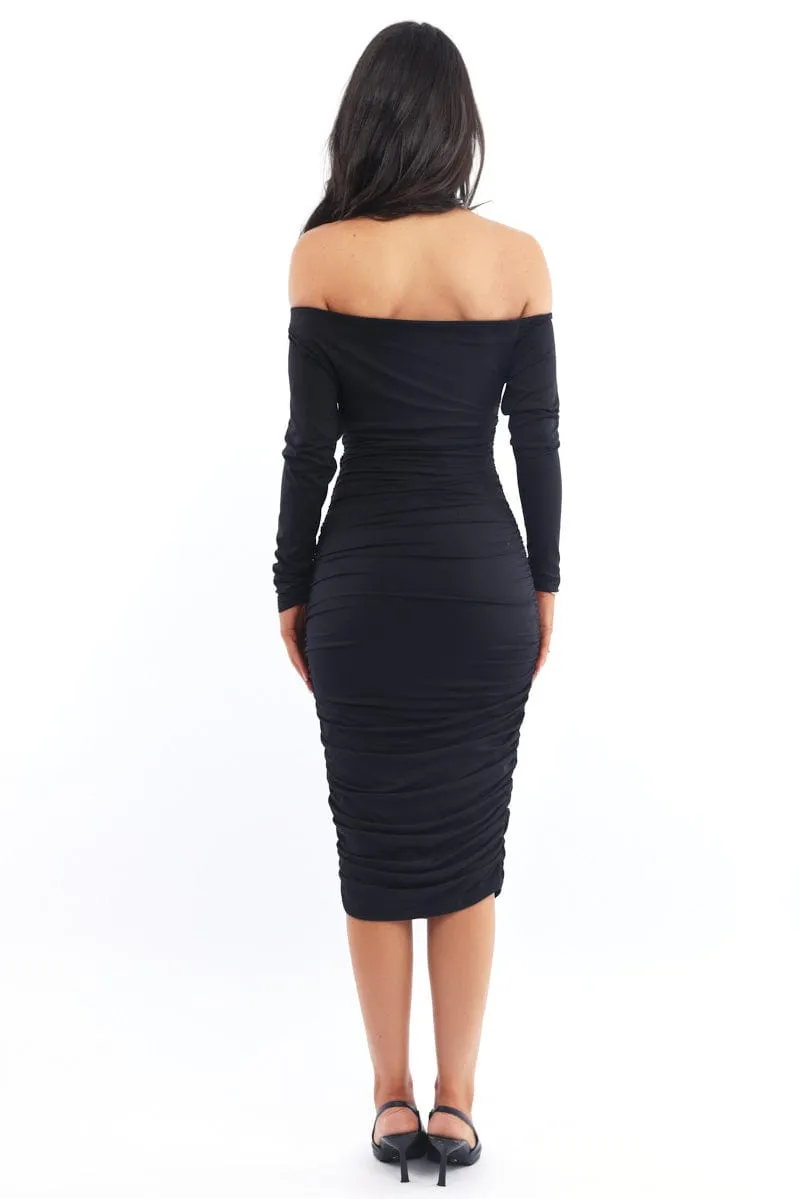 ShrinkageFree Fabric Black Bodycon Dress Long Sleeve
