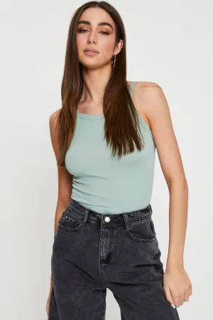 Green Singlet Top Sleeveless Seamless HighNeckStyle