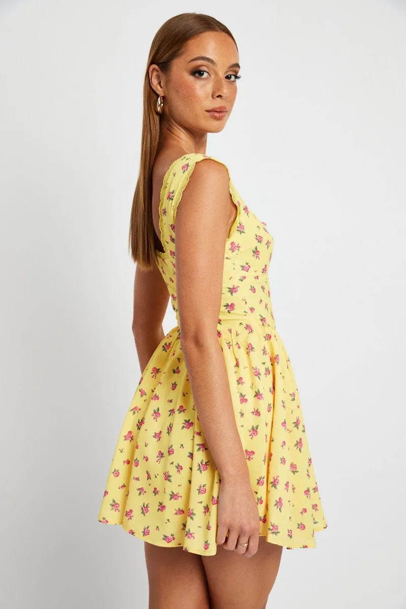 Tulle Soul Yellow Floral Fit and Flare Dress Sleeveless Lace Trim