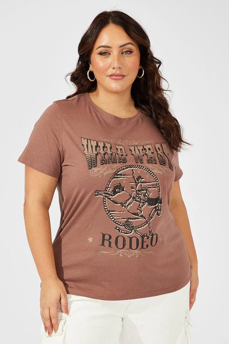 soft fit Brown Graphic T-shirt Short Sleeve Crew Neck