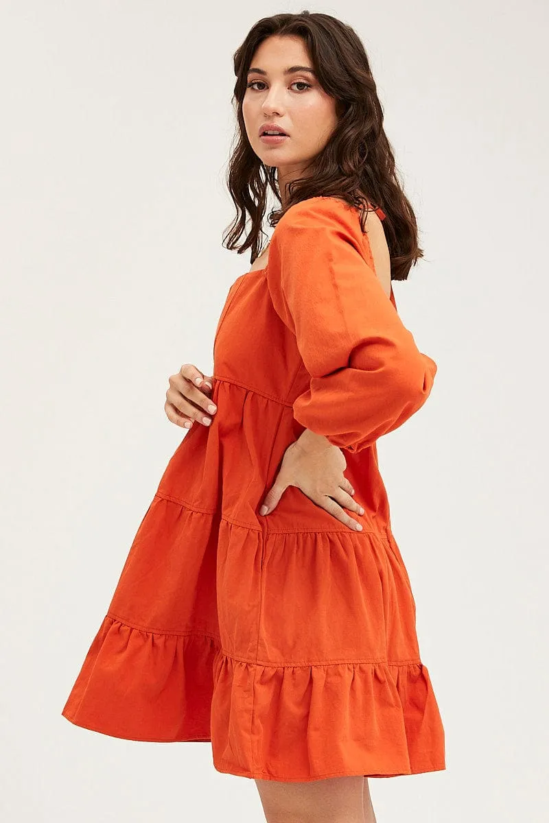 Brown Tiered Dress Long Sleeve Mini Comfortable Tunic