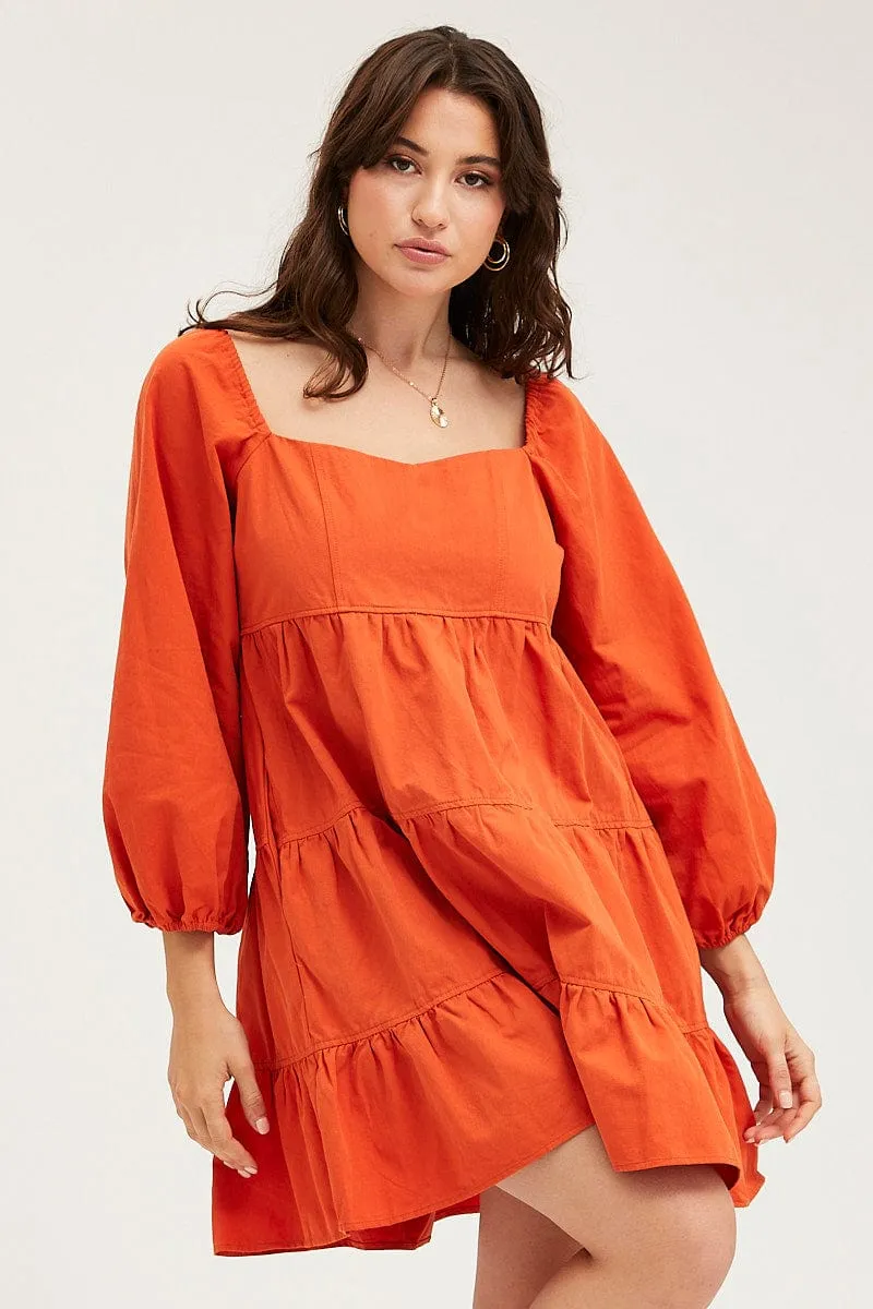 Brown Tiered Dress Long Sleeve Mini Flash Look
