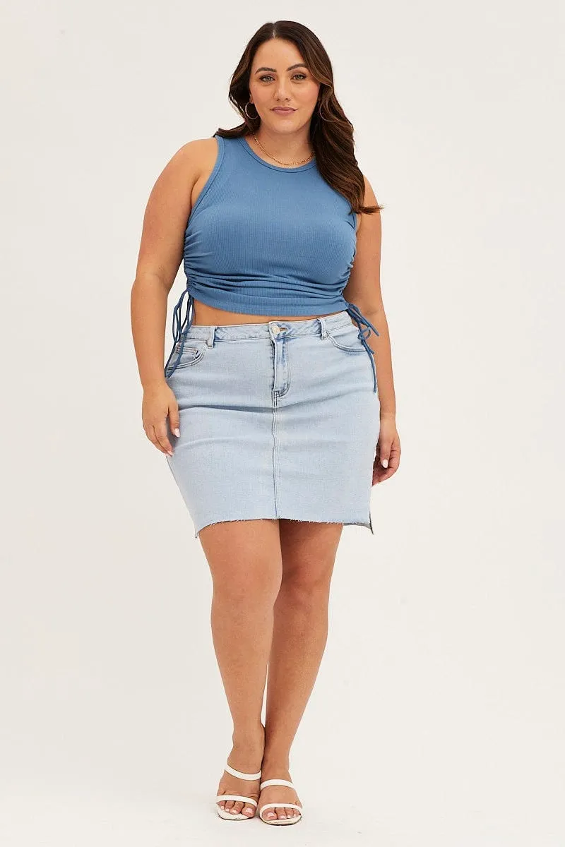 Mid Blue Sleeveless Rib Jersey Drawstring Top UVProtection