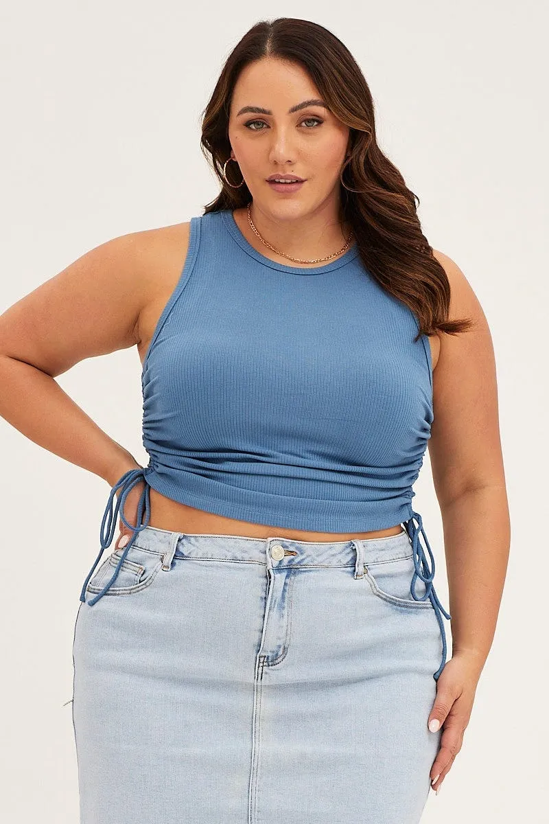 Mid Blue Sleeveless Rib Jersey Drawstring Top StaticFreeLining