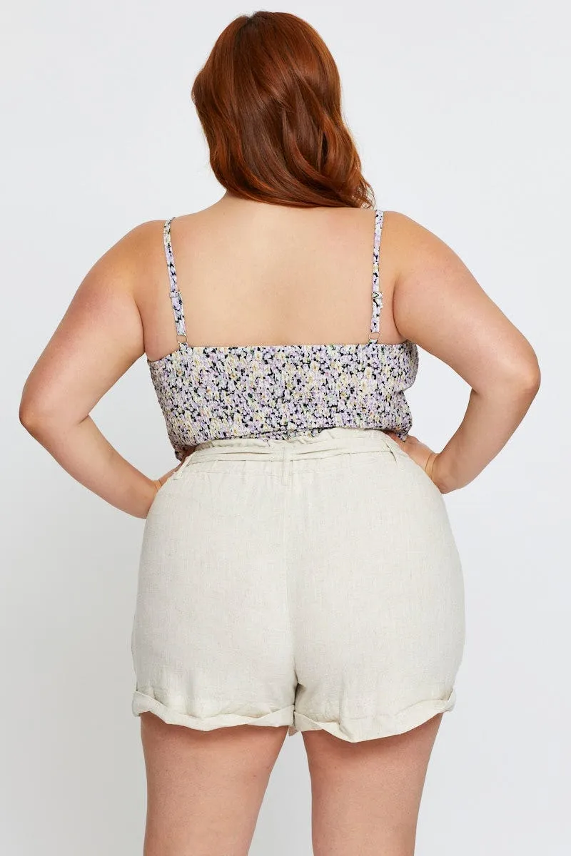 Weekend Style Beige Ma Shorts High Rise Linen Blend Waist Tie