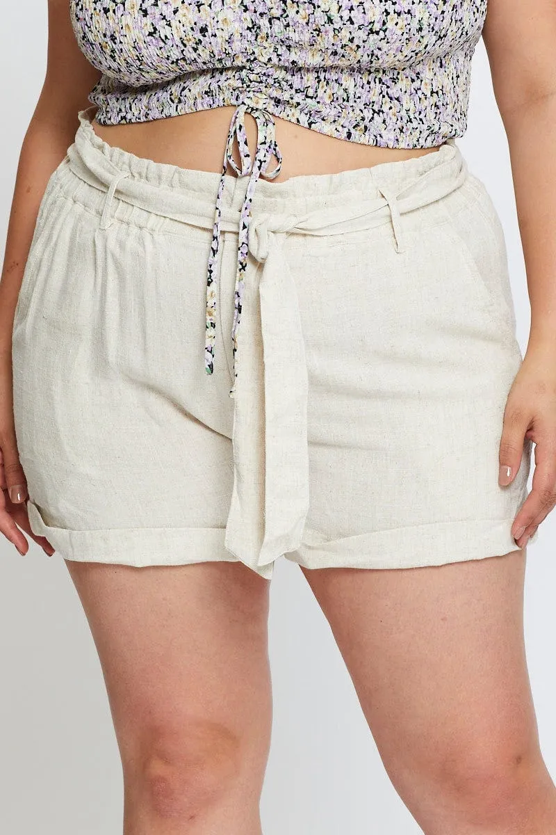 Beige Ma Shorts High Rise Linen Blend Waist Tie StaticFree Lining