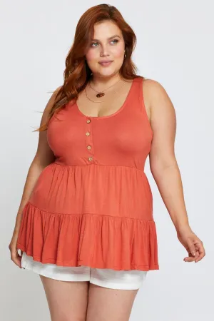 FlexibleCuff BreathableMesh Orange Tank Top Peplum Scoop Neck Jersey Button Front