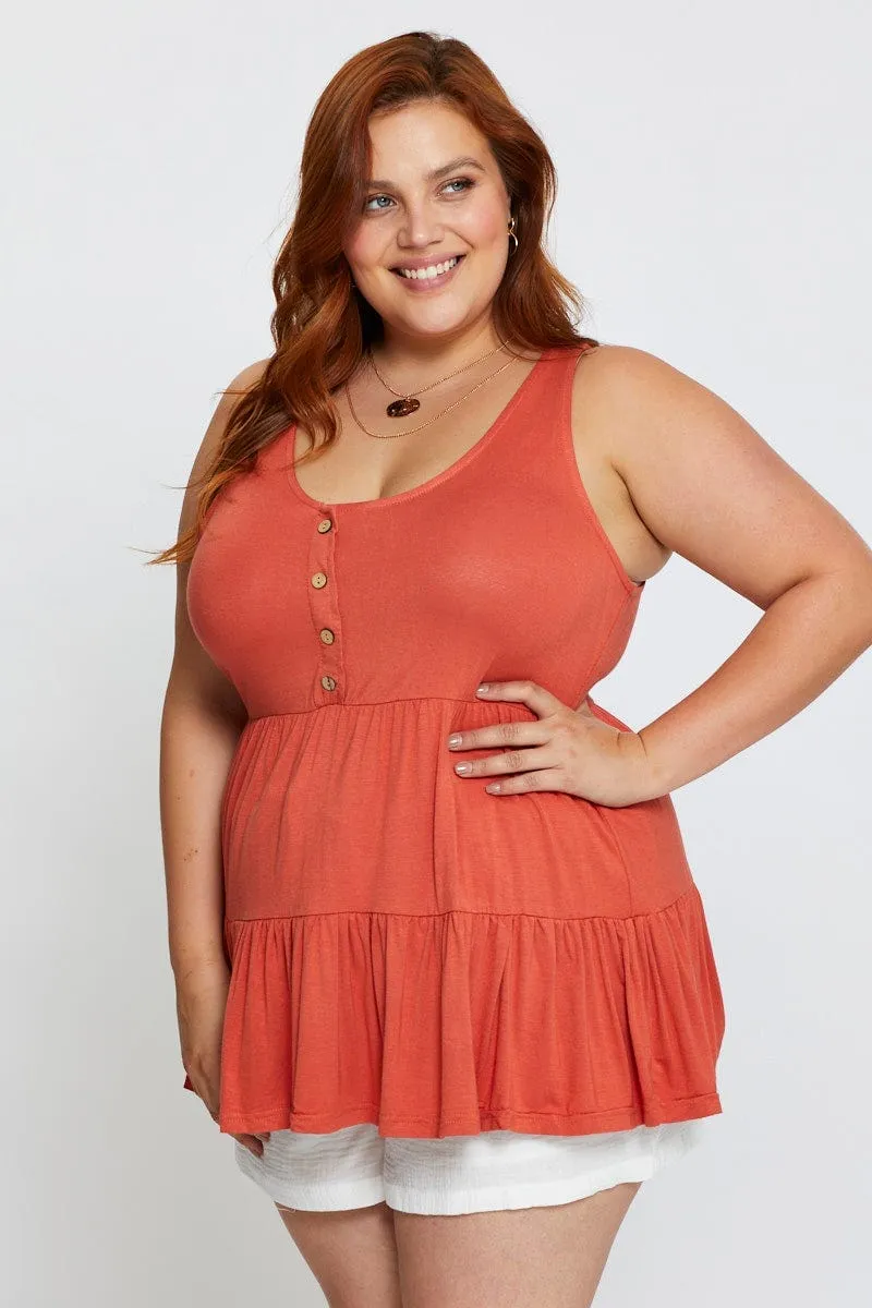 Versatile Hat Practical Style Orange Tank Top Peplum Scoop Neck Jersey Button Front
