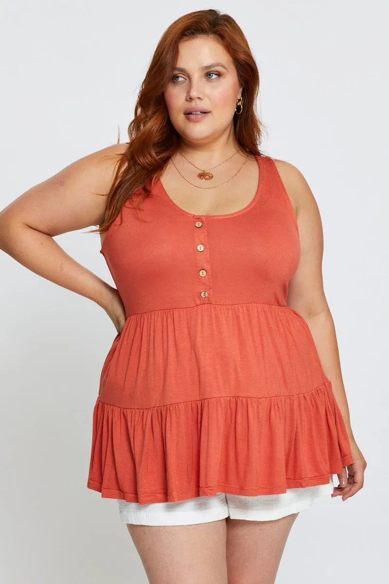 Vacation Mood Weather Guard Orange Tank Top Peplum Scoop Neck Jersey Button Front