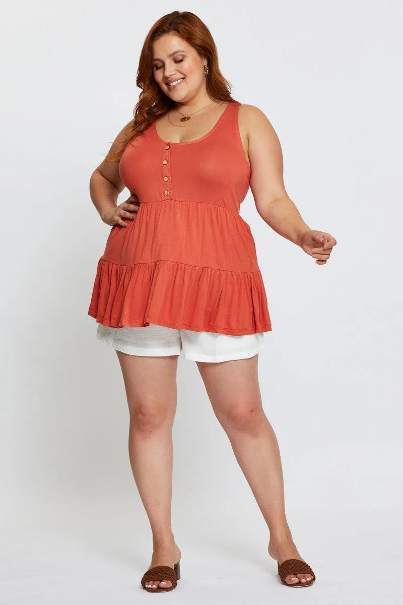 Elegant Skirt Glass Fit Orange Tank Top Peplum Scoop Neck Jersey Button Front