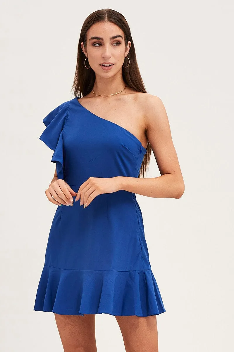 Blue Mini Dress Sleeveless One Shoulder Ruffled Spice Core Hot Pick