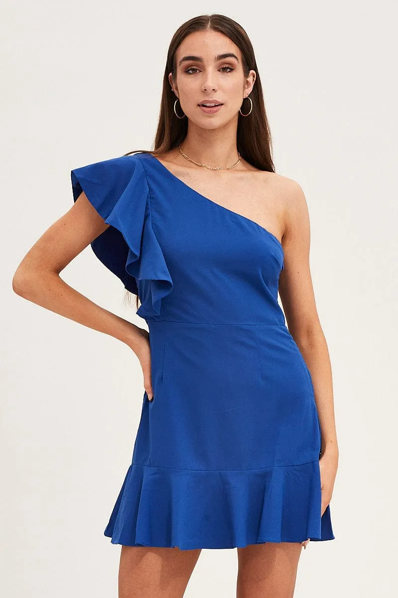 Blue Mini Dress Sleeveless One Shoulder Ruffled Flirty off-the-shoulder mini