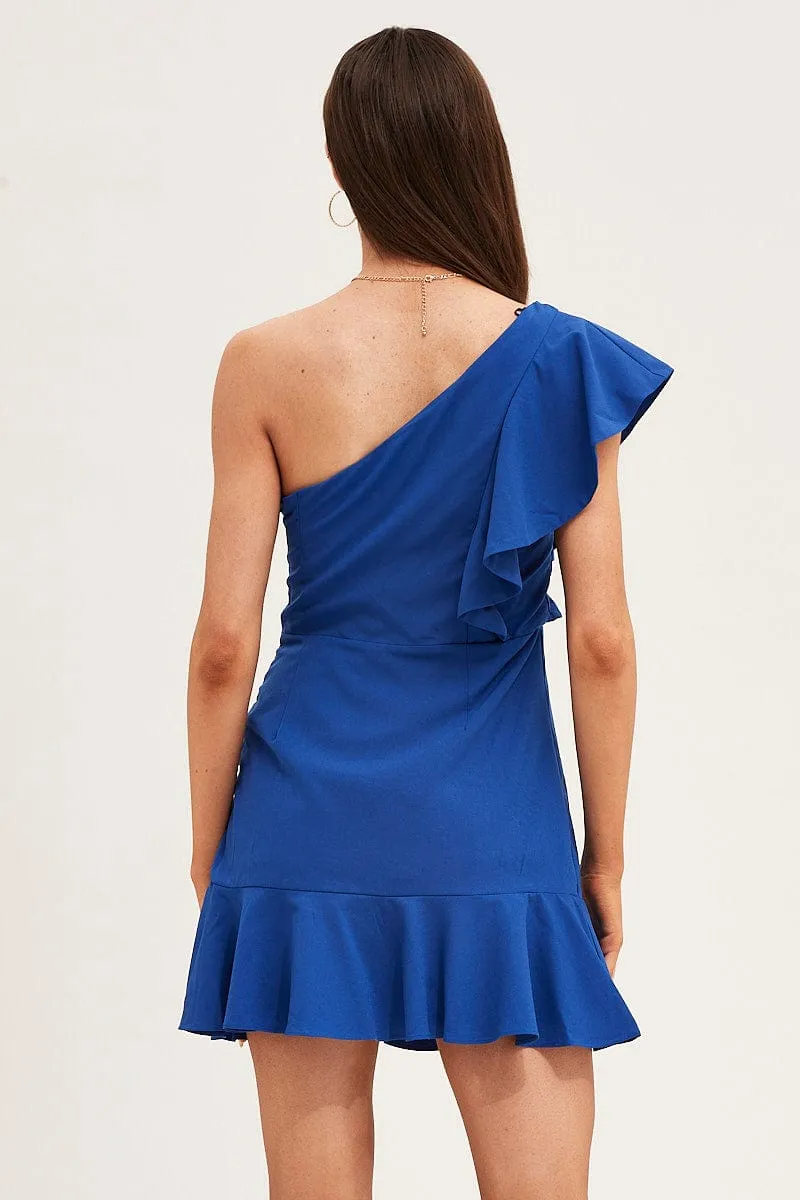Blue Mini Dress Sleeveless One Shoulder Ruffled Pop Hot