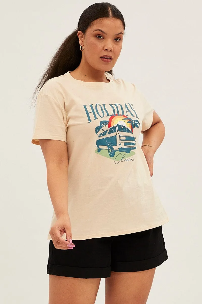 Beige Short Sleeve Holiday Regular T-shirt Casual Layers