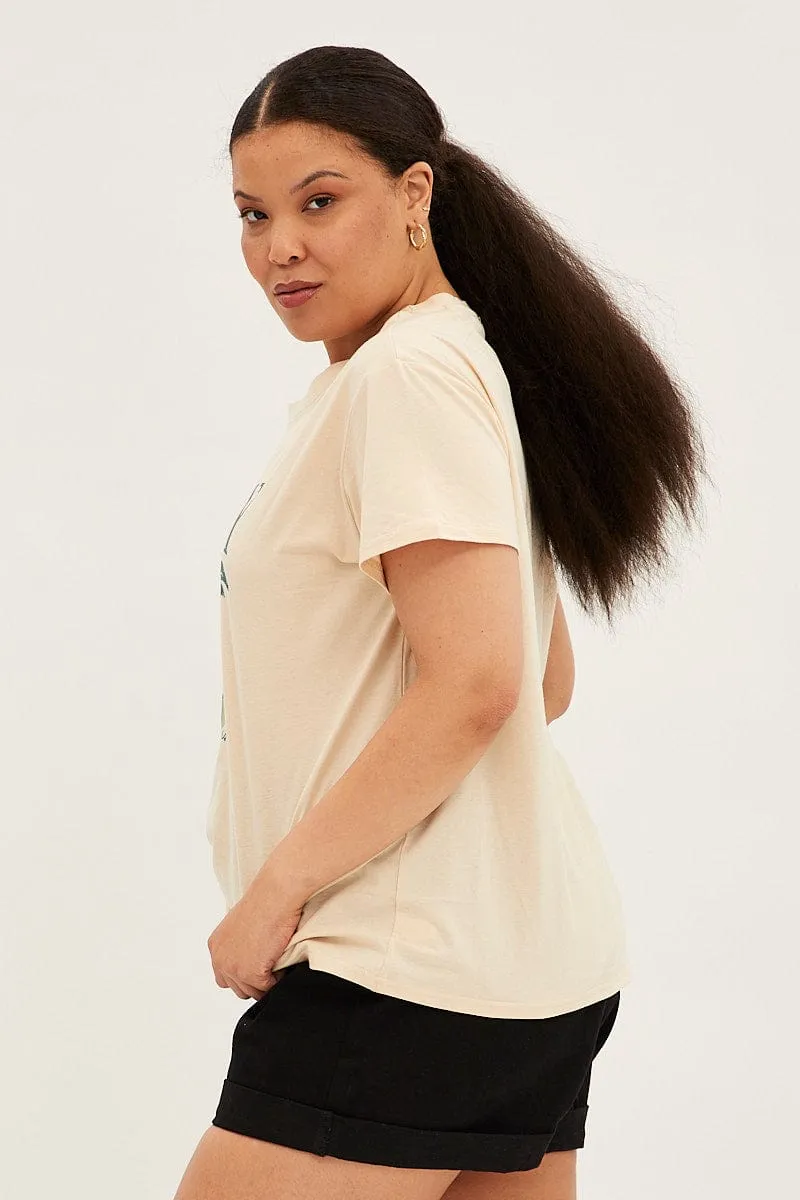 SoftenedTexturedWeave Breathable Mesh Panels Beige Short Sleeve Holiday Regular T-shirt