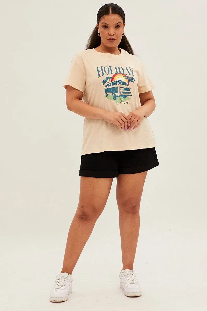 Beige Short Sleeve Holiday Regular T-shirt Cozy Vibe