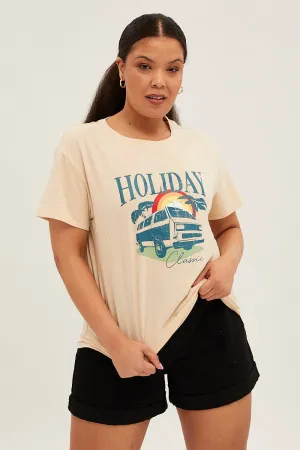 Beige Short Sleeve Holiday Regular T-shirt WrinkleFreeFabric print design