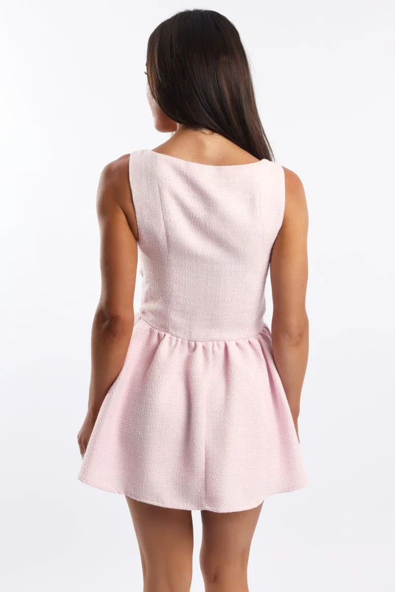 Charming Silhouette Day Out Pink Mini Dress Square Neck Tweed Fabric