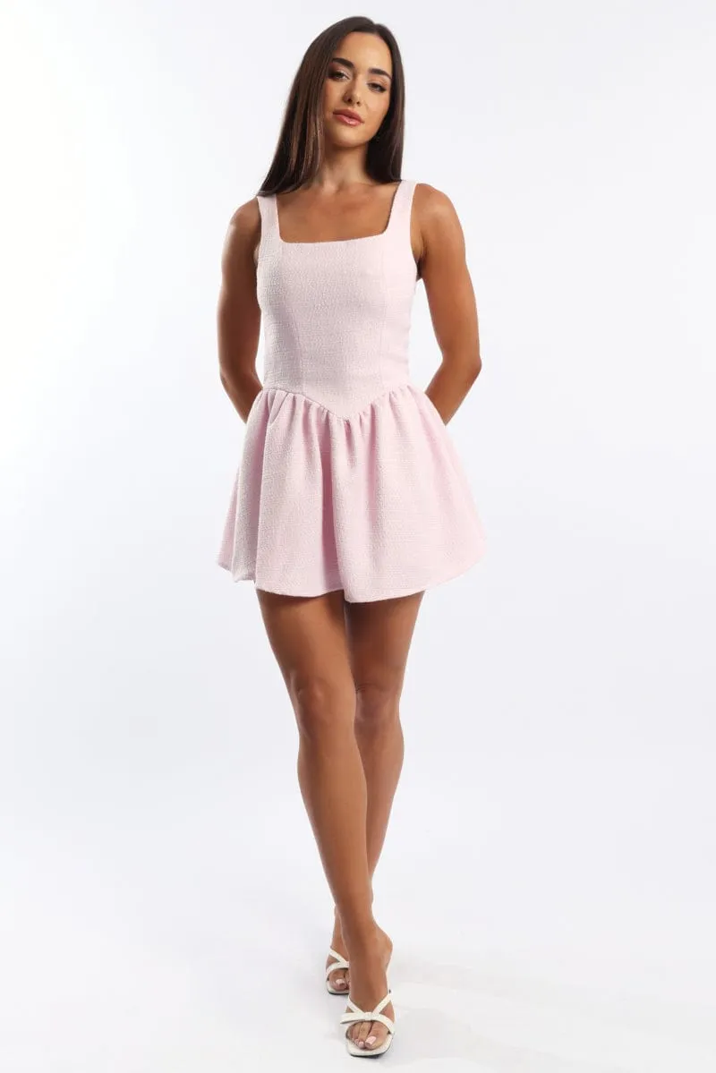 Moisture Wicking Lining Pink Mini Dress Square Neck Tweed Fabric