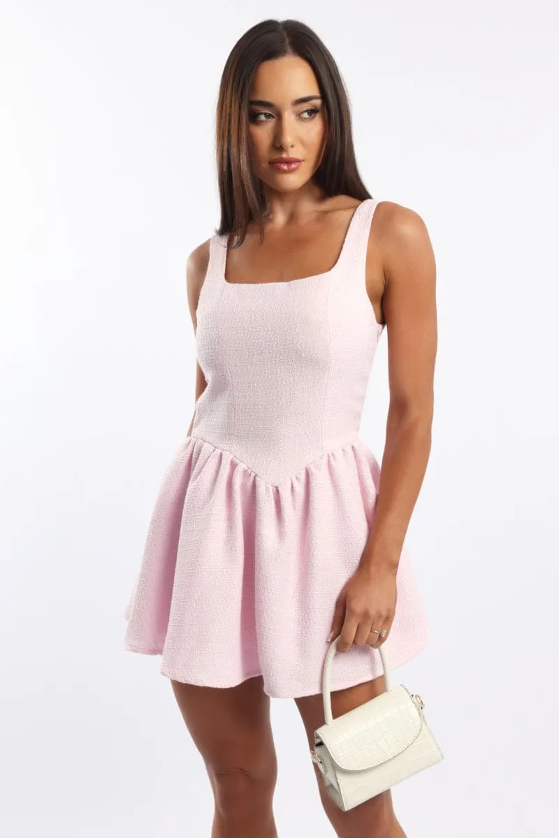 Pink Mini Dress Square Neck Tweed Fabric Show Glow