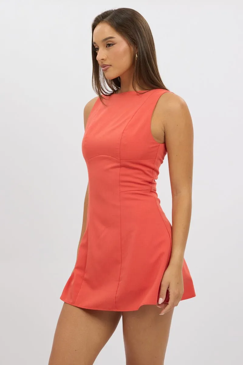 Red Mini Dress Boat Neck Durable Zipper Match Fast