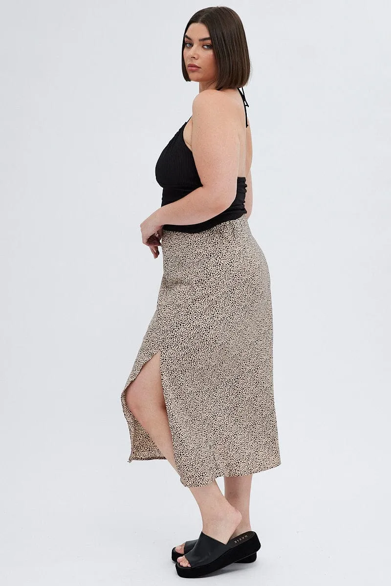 Geo Midi Skirt Elastic Waist Slit Breezy Flow