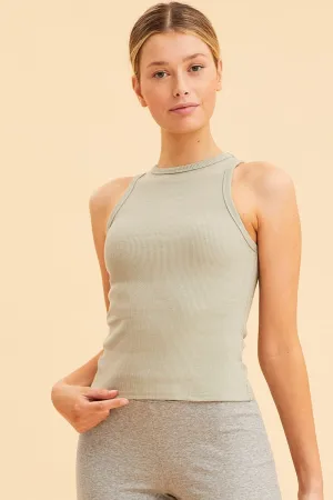 Green Racer Tank Cotton Blend Rib High Neck Racer Back Adjustable Waistband MicroPerforatedTexture