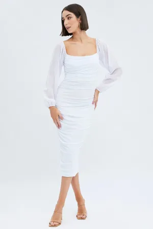 White Midi Dress Long Sleeve Square Neck Ruched Bodycon Art Core