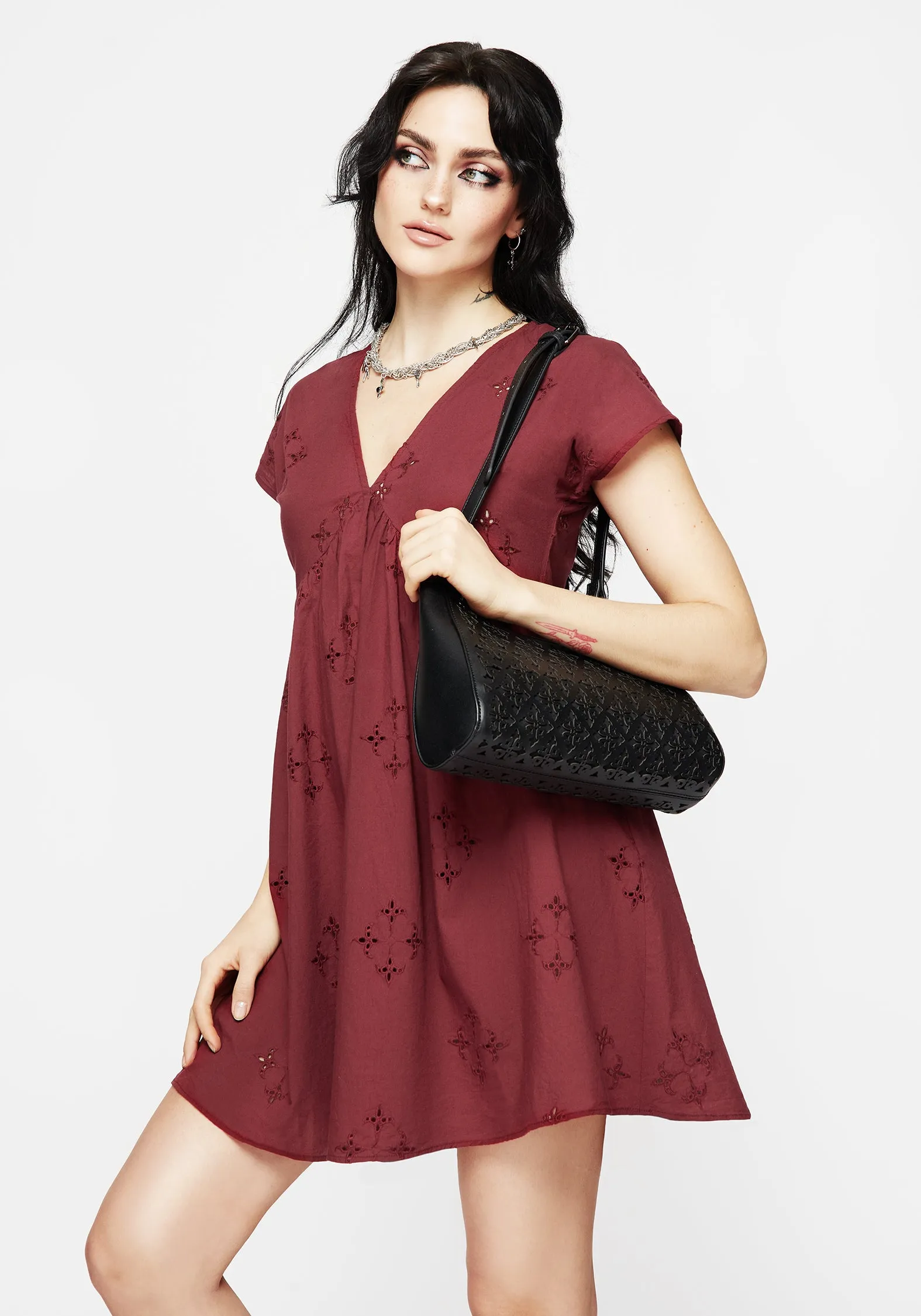 Glitter Mode Flirty Vibe Crux Broderie Cotton Smock Mini Dress - Red