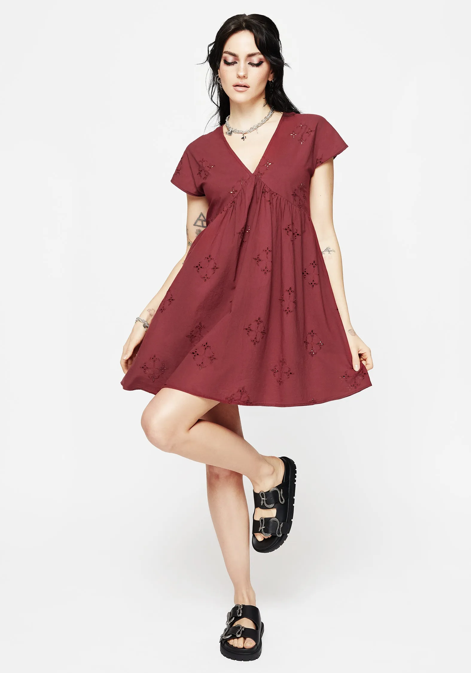 Crux Broderie Cotton Smock Mini Dress - Red Eco Friendly Material