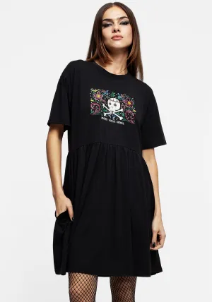 Death Conquers All Floral Skull Embroidered Mini Skater Dress Weekend Style Bar Glow