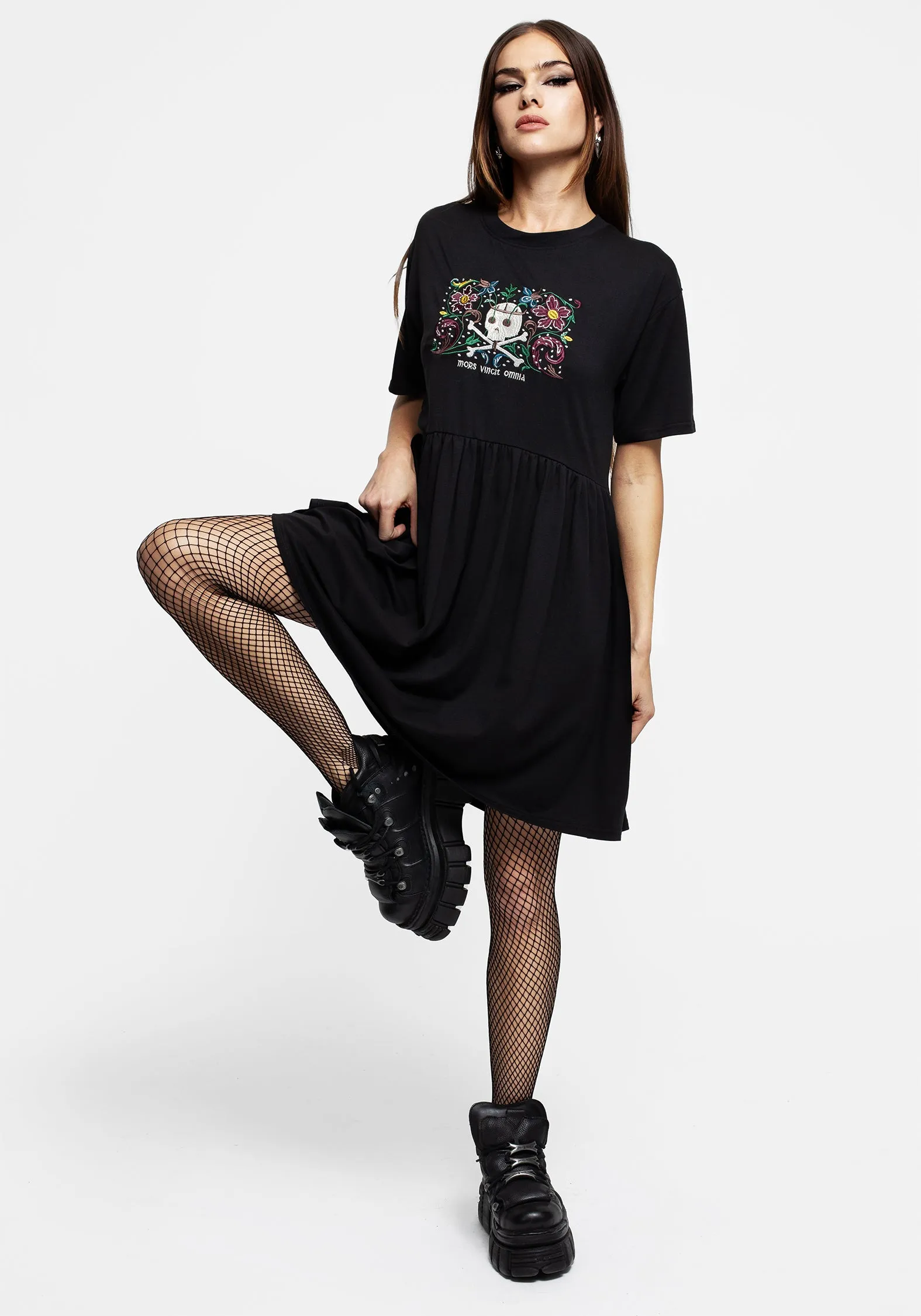 Death Conquers All Floral Skull Embroidered Mini Skater Dress Adjustable Shoulder Straps Bare Leg