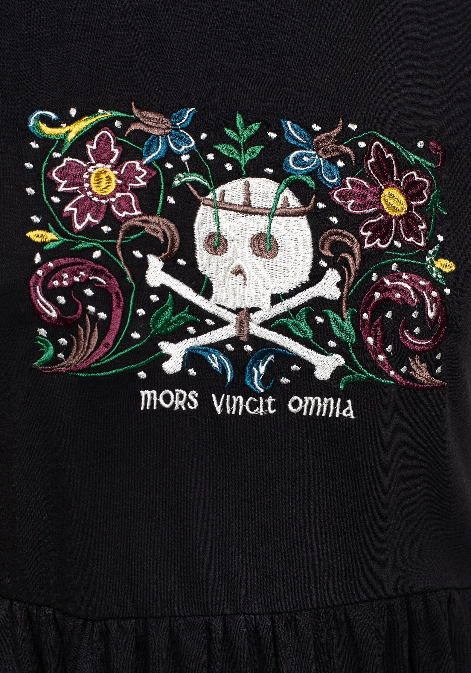 Death Conquers All Floral Skull Embroidered Mini Skater Dress Light Warm Rounded Neckline