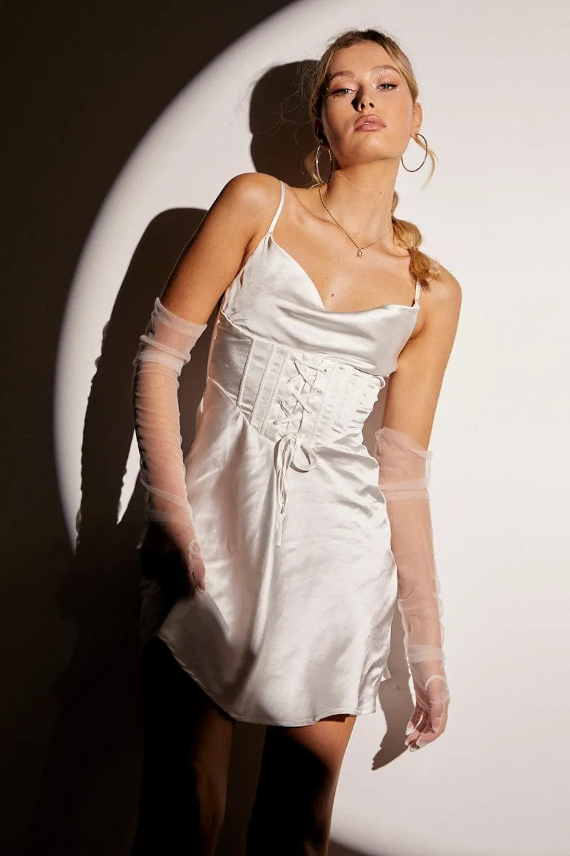 White Mini Dress Sleeveless Cowl Neck Corset Waist Satin Keyhole Neckline Style