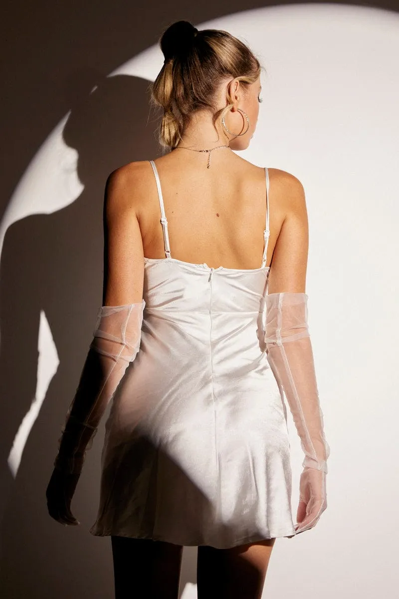 White Mini Dress Sleeveless Cowl Neck Corset Waist Satin Youthful Chic Feminine short dress