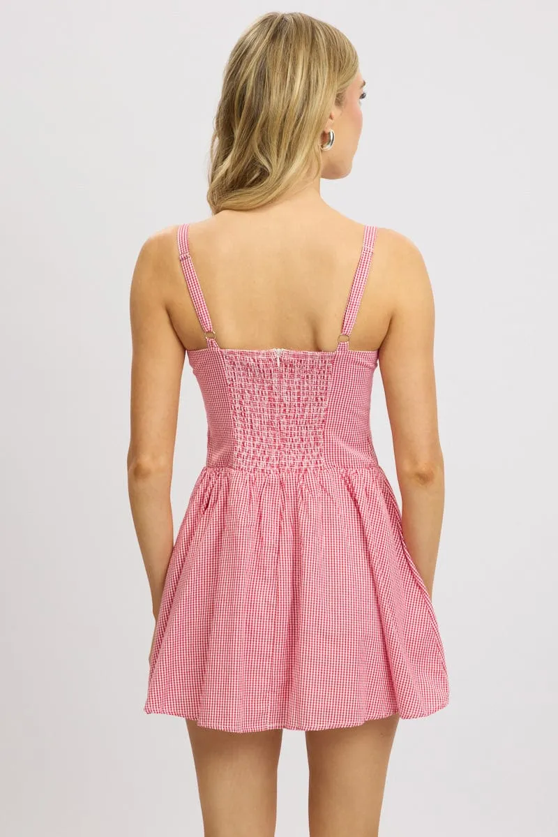 StaticFree Lining StretchFit Red Check Fit And Flare Dress Drop Waist Mini