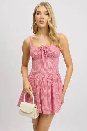 Red Check Fit And Flare Dress Drop Waist Mini Love Energy