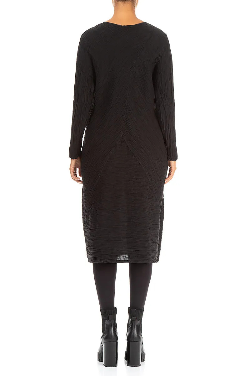 New Day Fur Fit Subtle Balloon Crinkled Black Silk Midi Dress