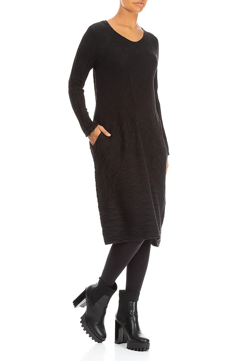 Subtle Balloon Crinkled Black Silk Midi Dress Permanent Crease Classic Mode