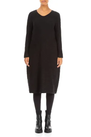 Elite Vibe Subtle Balloon Crinkled Black Silk Midi Dress