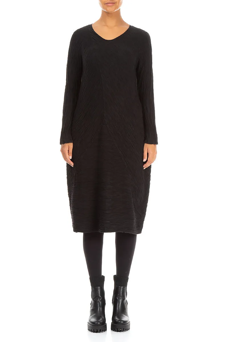 Elite Vibe Subtle Balloon Crinkled Black Silk Midi Dress