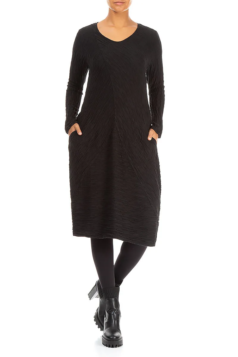 FrictionReducing Lining Subtle Balloon Crinkled Black Silk Midi Dress
