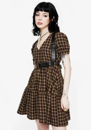 Antimicrobial Coating Floral Fit Terra Cotton Check Smock Mini Dress - Brown