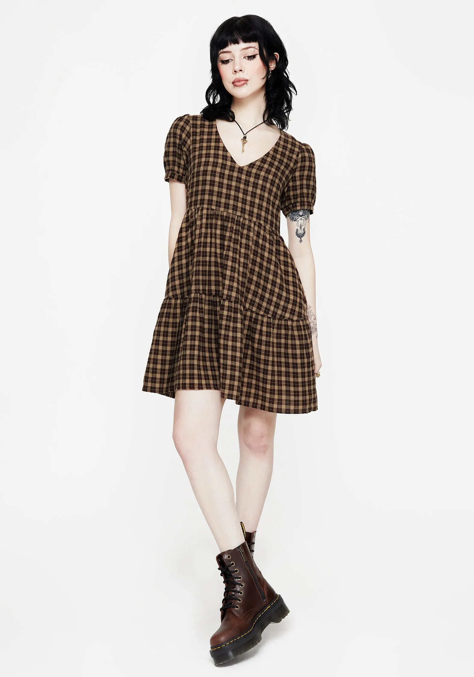Youthful Fashion Pop Rush Terra Cotton Check Smock Mini Dress - Brown